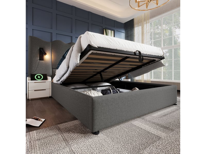  Lit coffre 160×200cm, lit double, rangement, lampe pivotante à 360°, tête de lit, métal, bois, lin, gris, matelas inclus  - Conforama W