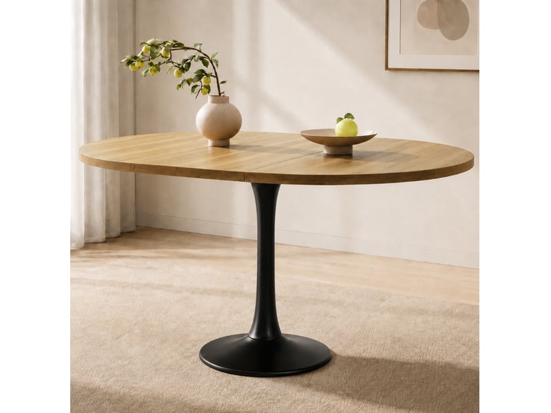 Table de salle à manger extensible ovale avec rallonge centrale, en panneau de fibres et fer, finition chêne  - Conforama D