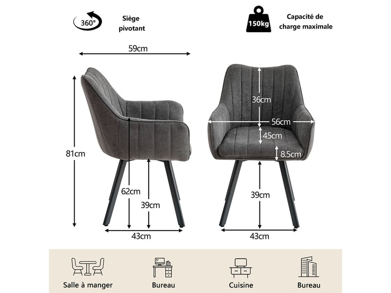  Lot de 6 chaises pivotante à 360°, chaise salle à manger scandinave, chaise salon avec pieds en métal, gris  - Conforama E