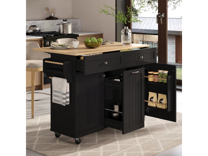  Îlot de cuisine sur roulettes avec plan de travail extensible, meuble de rangement noir avec tiroirs, 140x40x92 cm  - Conforama C