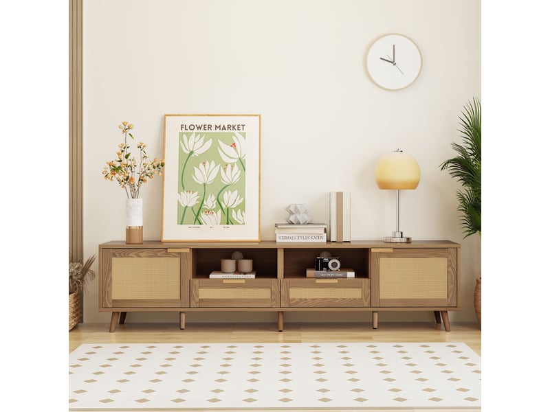  Meuble tv rotin 200 cm avec 2 portes et 2 tiroirs - pieds en bois massif - style rustique moderne  - Conforama R