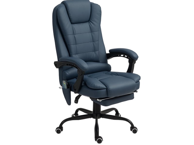 Chaise de bureau de massage avec 7 points de vibration, repose-pieds réglable et dossier inclinable, en cuir bleu  - Conforama A