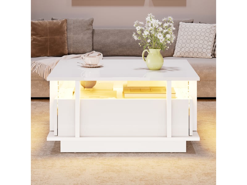  Table basse carrée blanche 70x70 cm avec 2 tiroirs, table de salon avec led et séparation en acrylique, finition laquée  - Conforama D