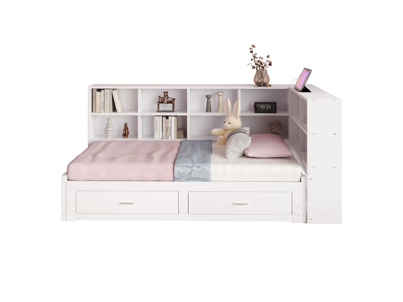 Lit banquette 90x190 cm extensible 180x190 cm – blanc – rangements, prise intégrée - sans matelas - Conforama A