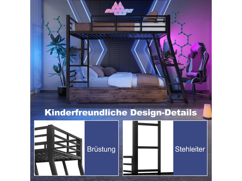  Lit mezzanine simple 90×200 cm bureau, 2 tiroirs et led réglable  - sans matelas, métal et mdf - noir  - Conforama E