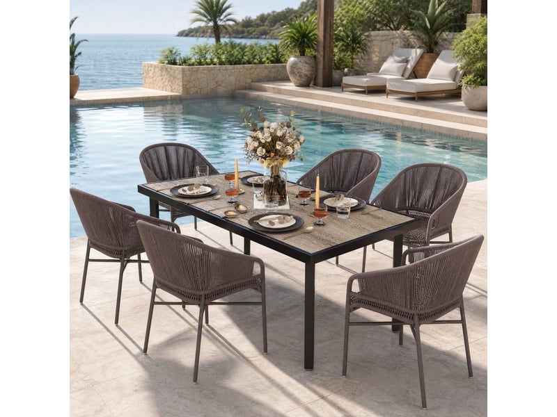  Table de jardin ulevr rectangulaire 6 personnes 145 x 85 x 72 cm, plateau en plastique aspect bois et structure en acier gris  - Conforama E