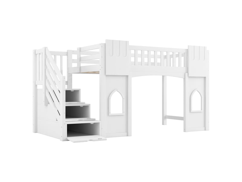  Lit mezzanine 90x200 cm blanc, avec escalier de rangement 3 compartiments, 2 fenêtres, garde-corps, sommier inclus, sans matelas  - Conforama E
