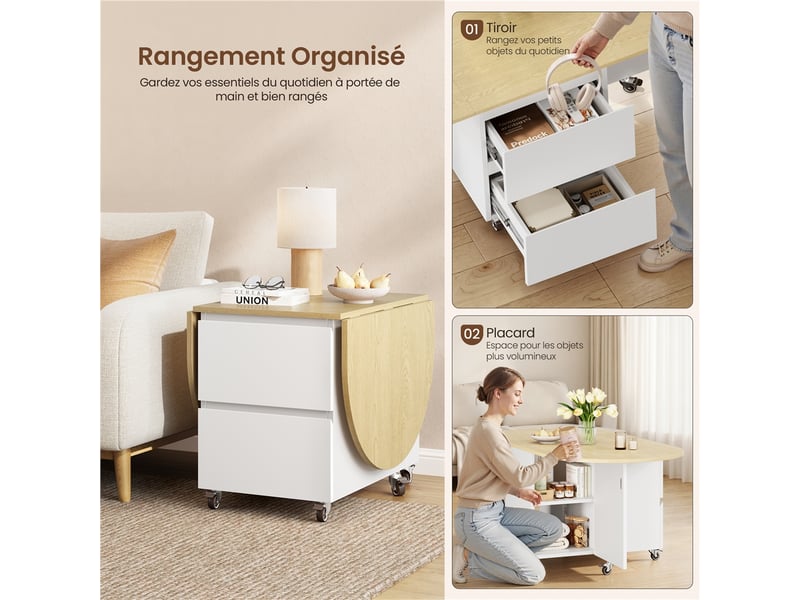  Table basse extensible 3-en-1 4080120x60x50,5 cm avec roulettes et rangement 616416 White/Oak - Conforama E