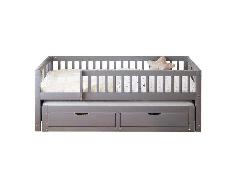 Lit gigogne 90 x 200 cm gris, barrières de sécurité, 2 tiroirs, sommiers à lattes  - Conforama A