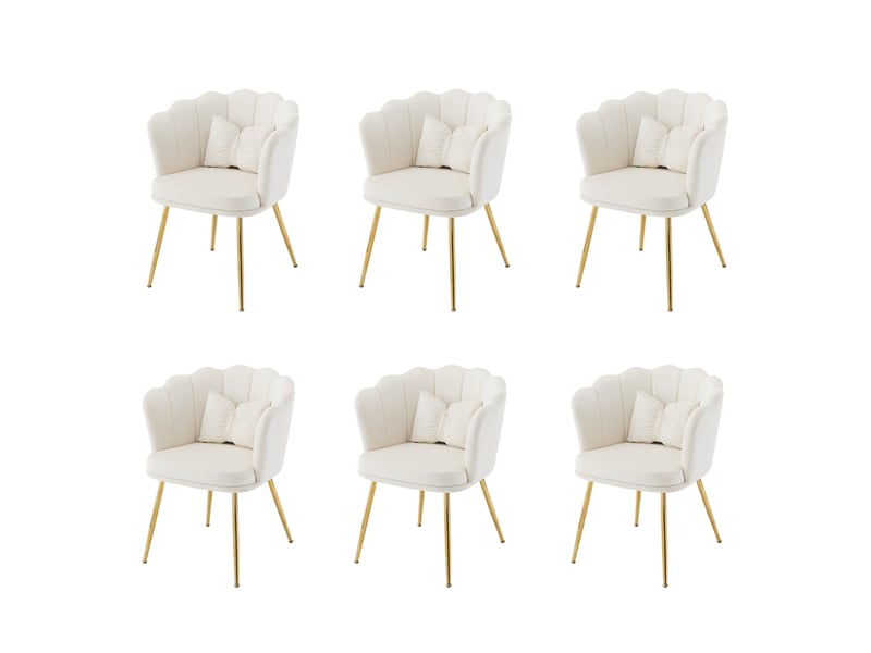 Lot de 6 chaises design 63x58x77 cm, dossier pétale, coussins, pieds en métal doré, velours beige  - Conforama A