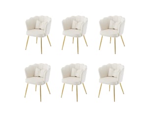 Lot de 6 chaises design 63x58x77 cm, dossier pétale, coussins, pieds en métal doré, velours beige