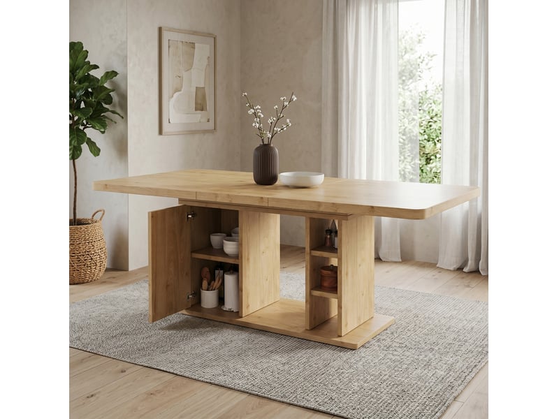  Table à manger extensible 6 à 8 personnes avec rangement, style scandinave, mdf chêne, 140 à 180 × 80 cm  - Conforama C