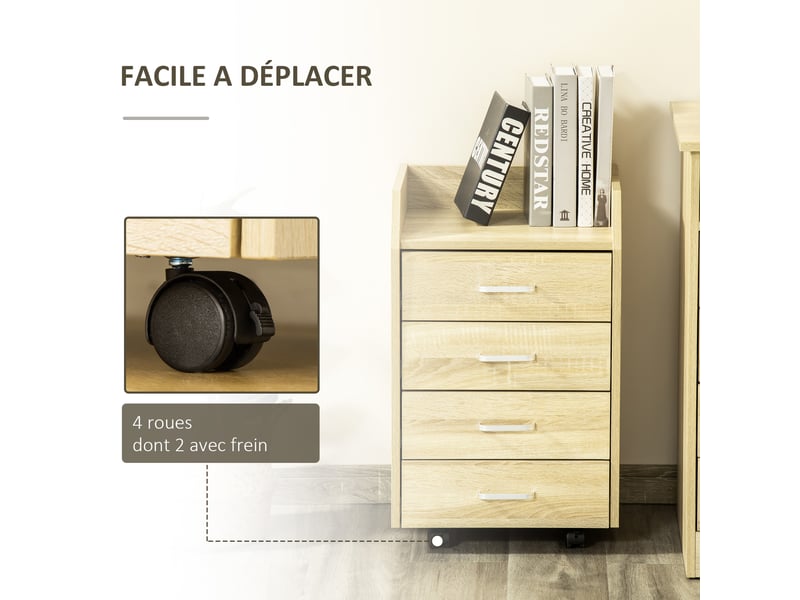  Caisson de bureau rangement sur roulettes 4 tiroirs coulissants mdf et panneaux de particules bois naturel dim. 40l x 36l x 65h cm  - Conforama E