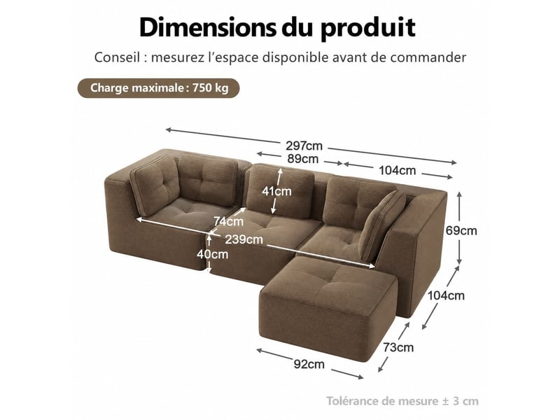  Canapé modulable en l 3 places avec ottomane, velours côtelé confortable, sans montage, 69 × 297 × 177 cm, marron  - Conforama C