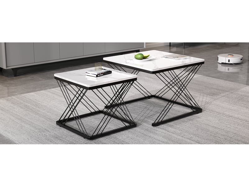  Ensemble de 2 tables basses carrées 60x60x45 cm et 45x45x40 cm blanc effet marbre brillant mdf avec pieds réglables support 30 kg evarich - Conforama E