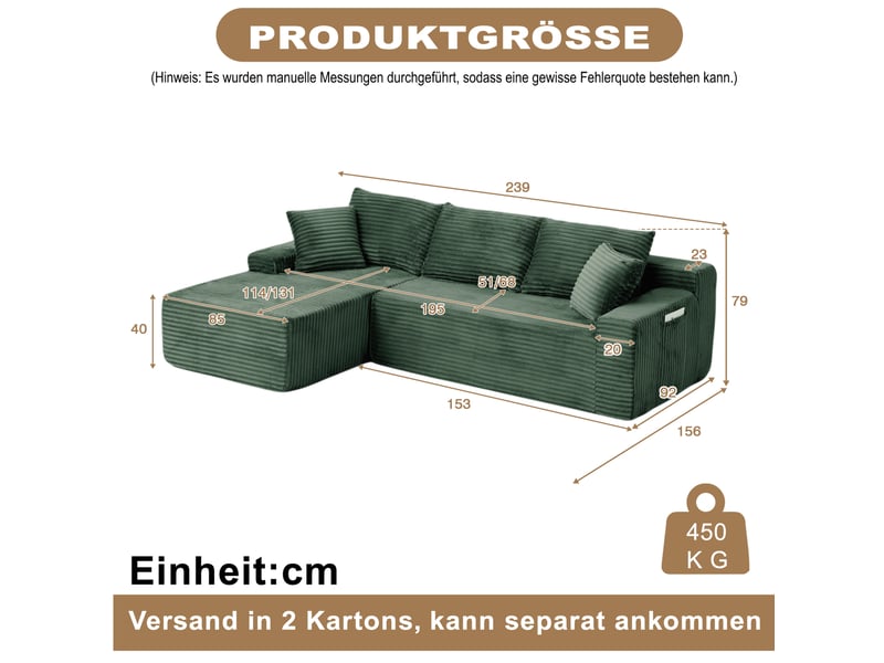  Canapé d’angle modulable 4 places en velours côtelé vert, 239x156x79 cm  - Conforama C