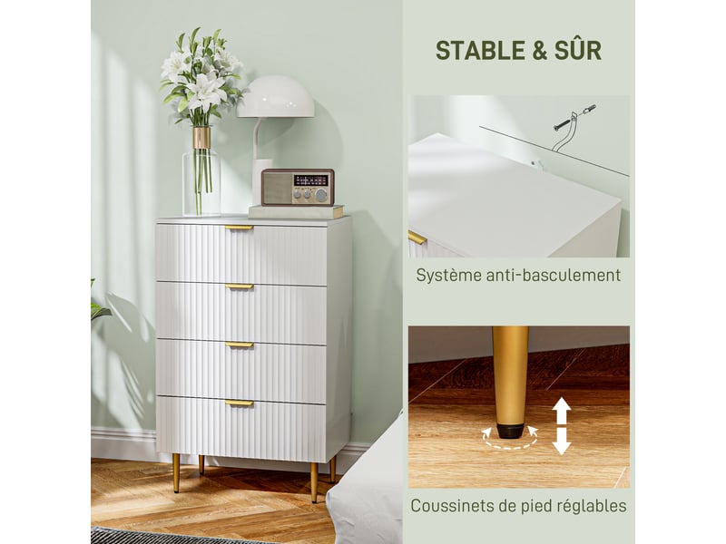  Commode 4 tiroirs commode chambre meuble de rangement moderne avec poignées et pieds dorés, blanc, dim. 60 x 40 x 96 cm  - Conforama R
