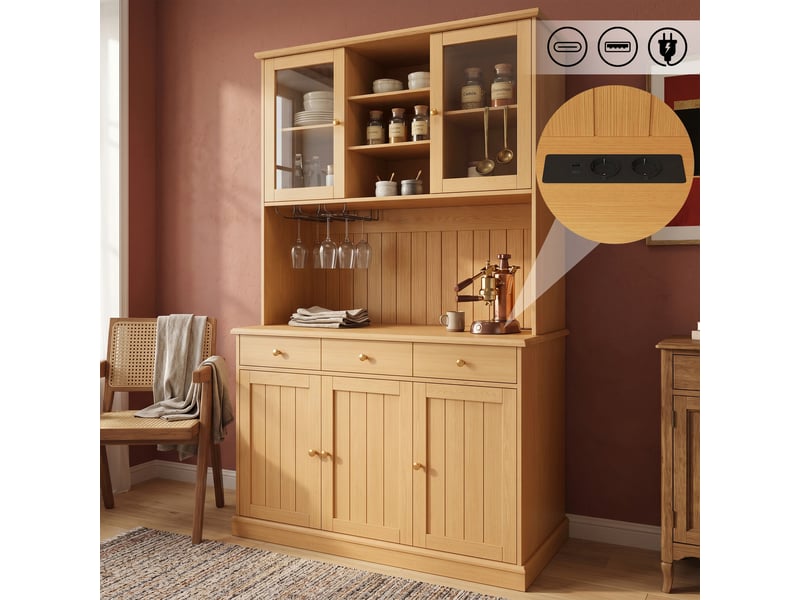 Buffet haut bois naturel avec portes vitrées et prises 120 x 40 x 191 cm Fay Lum - Conforama B
