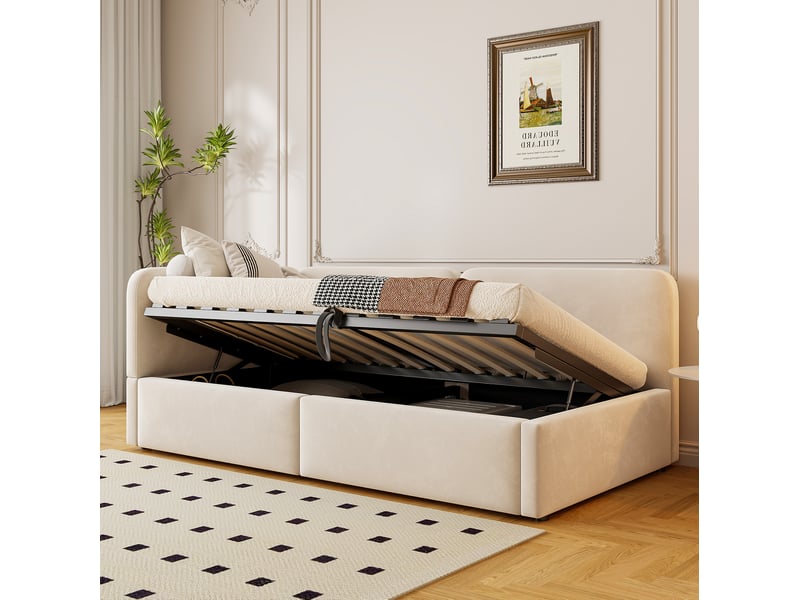  Lit coffre 90x200 cm en velours beige avec rangement hydraulique  - Conforama D