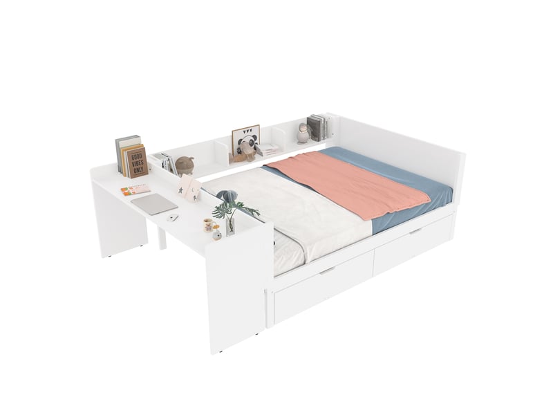  Lit double 140x200 en bois blanc avec bureau intégré et 2 tiroirs  - Conforama A