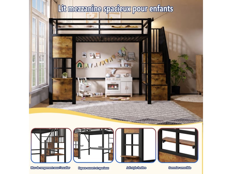  Lit mezzanine 90 x 200 cm structure en fer lit 1 place cadre en fer échelle de rangement rangement ouvert sous le lit noir garde-corps de sécurité  - Conforama E