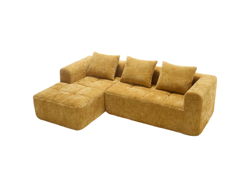  Canapé d'angle 250x158x60cm, poches latérales range-télécommande, 3 coussins inclus, 3 places, revêtement en tissu jaune  - Conforama A