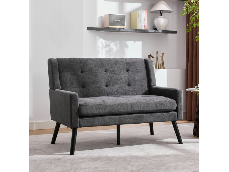 Banquette 2 places premium en lin avec pieds en bois massif et coussinets en mousse haute densité - chaise d'accent pour salon, chambre et bureau - Conforama B