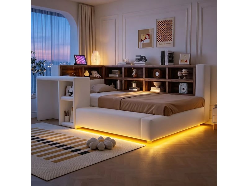  Lit enfant multifonctionnel 90x200 cm - lit simple avec rangement, étagères, led, prises et table d'appoint - beige  - Conforama W