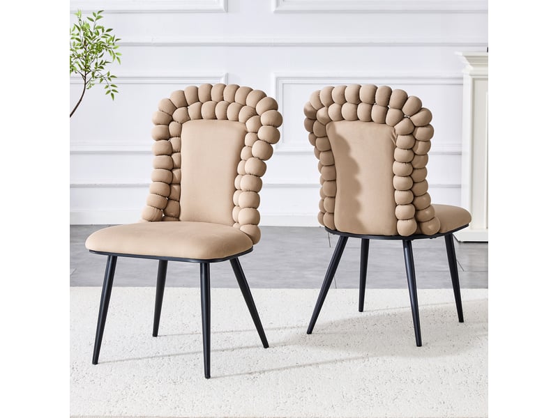  Lot de 2 chaises 47x51x95 cm dossier haut orné d'une chaîne de perles, velours doux, structure métal noir, camel clair  - Conforama D