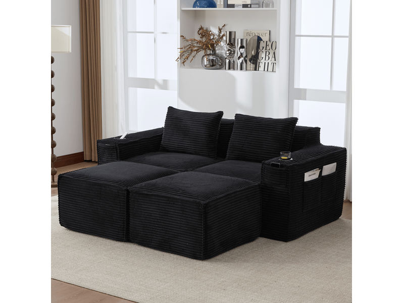  Canapé 2 places avec 2 poufs 188x162x75 cm en velours côtelé noir  - Conforama W