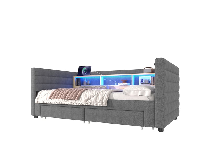  Lit gigogne 90 × 190 cm, rangements, tiroirs, éclairage led, gris  - Conforama A