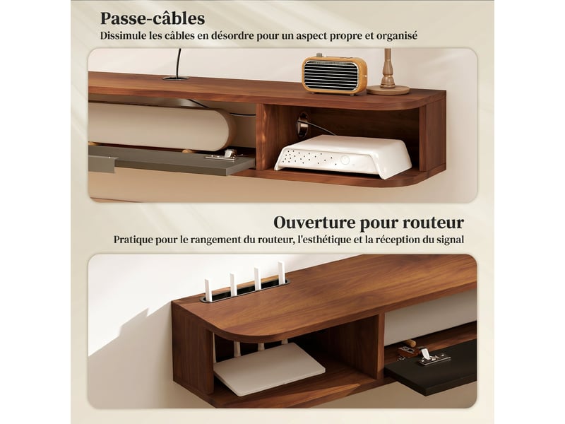  Meuble tv suspendu, meuble télé pour téléviseur jusqu'à 50 pouces, tiroir rabattable, 2 étagères, noyer, 120x24x16cm  - Conforama R