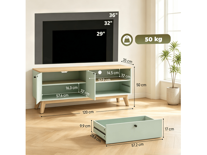  Meuble tv 120 cm avec 2 portes, tiroir et niche ouverte, vert clair et chêne  - Conforama C
