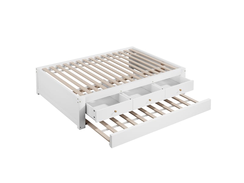  Lit double 90x200 cm -  avec lit gigogne 90x190 cm et 3 tiroirs - sommier à lattes - mdf+pin - blanc (sans matelas)  - Conforama R