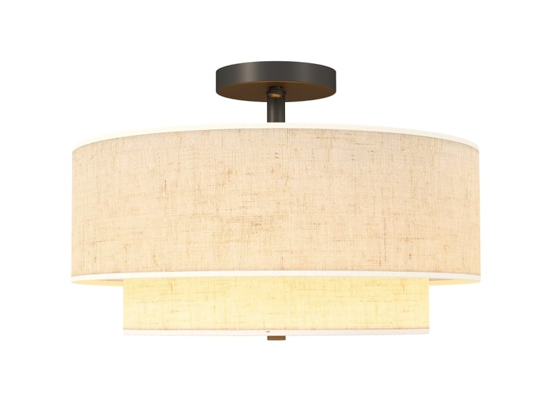  Luminaire de plafond 40x40x26 cm double abat-jour aspect lin métal blanc crème  - Conforama A