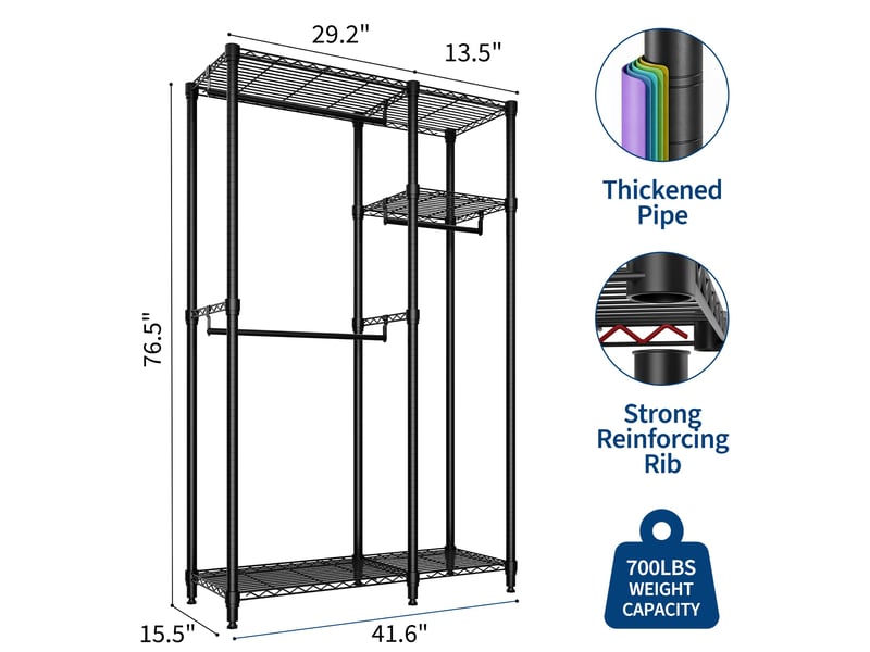  Portant à vêtements en métal robuste – 3 tringles &amp; étagères réglables – rangement autoportant grand capacité – 2x3 étages PHK_36PB8MN7 - Conforama E