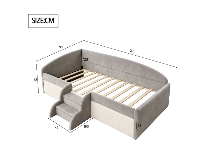  Lit enfant 90 × 190 cm avec deux marches antidérapantes, barrières rembourrées et dossier en velours gris pour chambre  - Conforama C