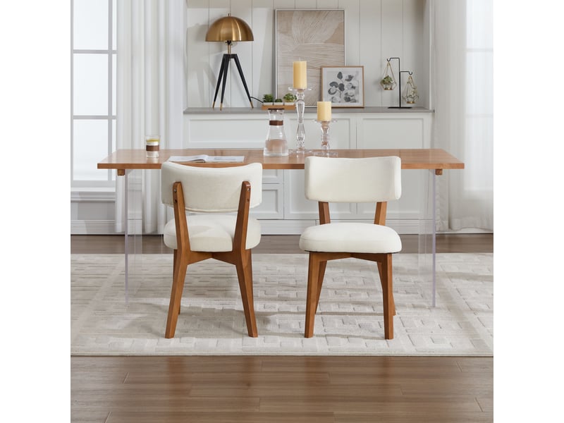  Chaise de salle à manger avec assise et dossier rembourrés ergonomiques, pieds stables en bois massif et tissu beige  - Conforama C