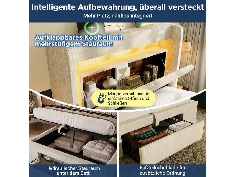  Lit superposé 90 x 200 et 140 x 200 cm avec escalier de rangement et garde-corps, étagères et port usb-c, bois, couleur bois Morn Vibe - Conforama E