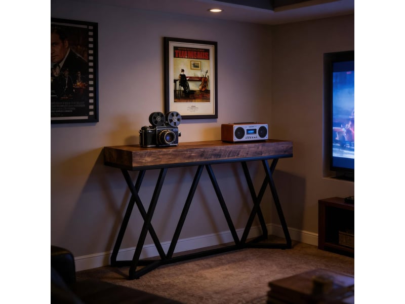 Table console avec plateau 140 cm structure métallique style industriel pour entrée salon en mdf et métal noir rustique - Conforama B