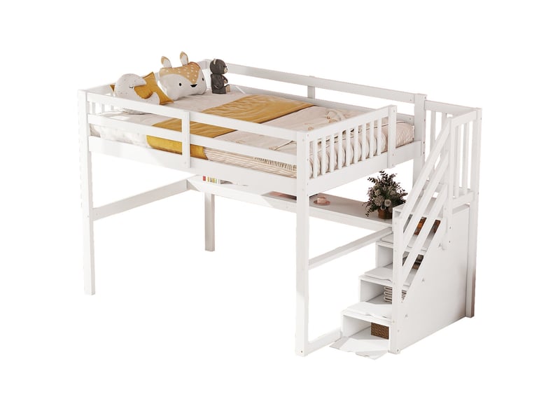  Lit mezzanine 140 x 200 cm, lit enfant surélevé, tiroirs de rangement, bureau intégré, étagères ouvertes, échelle, bois massif, blanc Morn Vibe - Conforama A