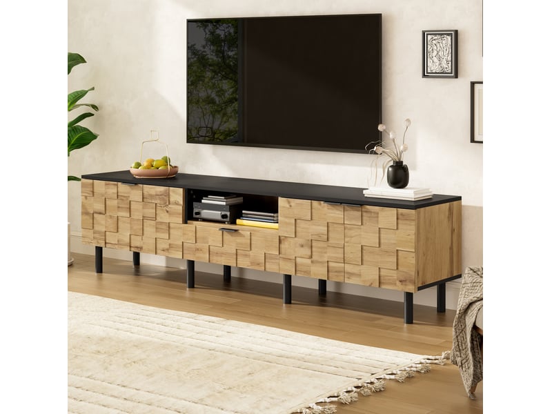  Meuble tv ulevr avec rangement 170 cm, 2 portes, tiroir, niche ouverte et passe-câbles, panneau de particules naturel et noir  - Conforama B