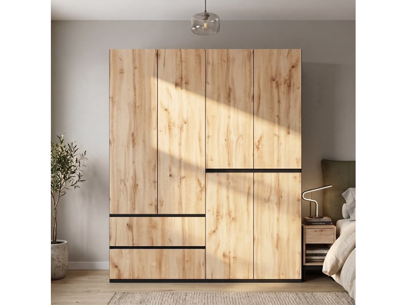  Armoire à portes battantes 180x50x200 cm, 2 tringles, 5 tiroirs, mdf, bois et noir, chambre et dressing, style pratique  - Conforama B