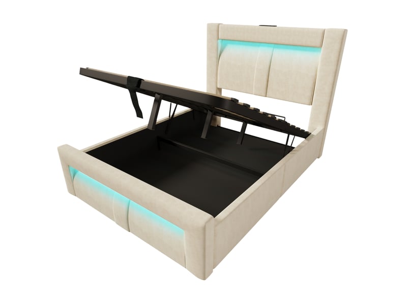  Lit enfant 90x200 cm – beige – coffre hydraulique, led et ports usbtype-c intégrés, matelas inclus  - Conforama D