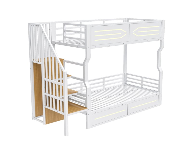 Lit superposé fer 90x200 cm rangement escalier armoire led garde-corps haut adolescent mezzanine blanc - Conforama A