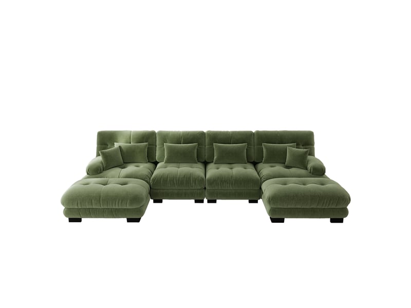  Canapé modulable 4 places en u avec ottoman mobile, canapé salon contemporain revêtement chenille vert  - Conforama A