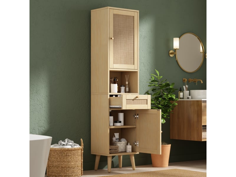  Meuble de salle de bain - 40x30x166cm - meuble haut en cannage rotin avec 2 portes réversibles, tiroir &amp; niches - bois naturel  - Conforama C