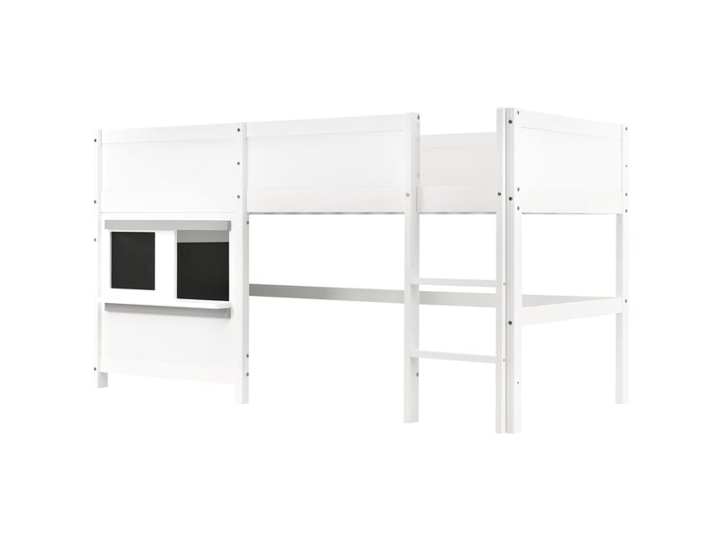 Lit cabane 90x200 blanc, lit avec petite étagère et 2 tableaux noirs, cadre de lit enfant en bois de pin avec escalier sécurisé - Conforama W