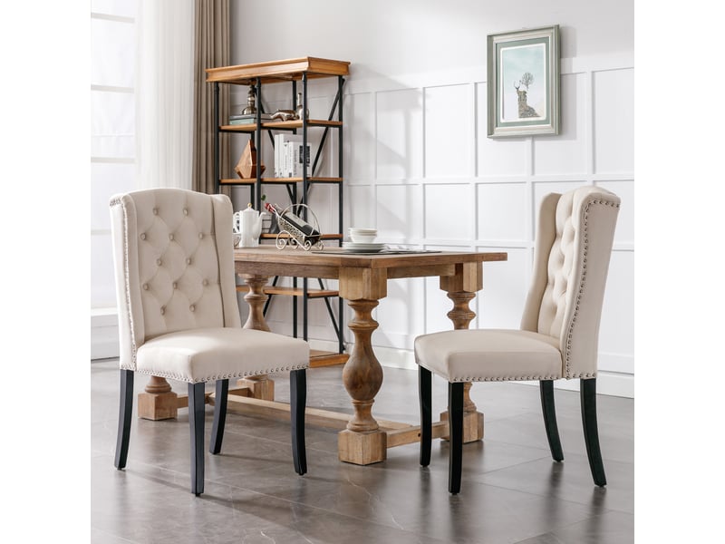 Lot de 4 chaises de salle à manger en velours beige, dossier capitonné, clous argentés et anneau chromé - Conforama B