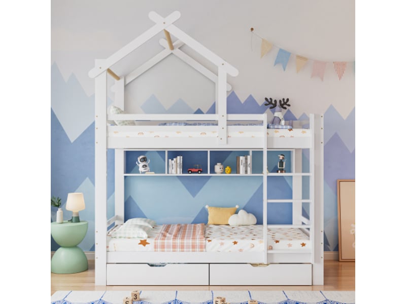  Lit superposé 90x200 cm, lit jeune avec tiroirs et étagères, cadre en bois de pin, sans matelas, blanc  - Conforama C